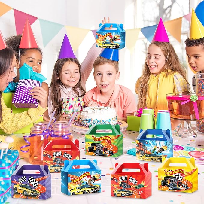 24Pcs Hot Car Happy Birthday Party Decoration Race Car Party Treat Boxes Supplies Wheels Wild Goodie Gift Boxes Racing Theme Checkered Flag Decors for Kids Boys Birthday Baby Shower Game Favors
