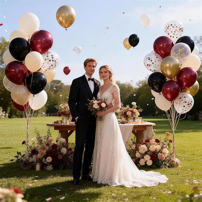 Black Burgundy and Gold Balloons, 12inch Retro Dark Pearl Maroon Beige Metallic Gold Black Confetti Latex Balloon Kit for Men Women Birthday Graduation Wedding Anniversary Party Decorations