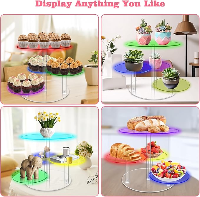 Cake Stand with Rechargable Light, 4 Tier LED Acrylic Cupcake Stand, Round Cake and Cupcake Stand Combo, Clear Tiered Cake Tower Stands for 50 Cupcakes, Display Stand for Wedding Birthday Party