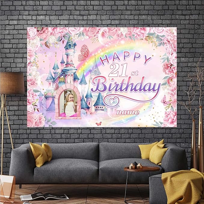 Custom Castle and Princess Theme 21st Birthday Decorations Banner - Personalized Fabric Banner for 21st Birthday Party Supplies
