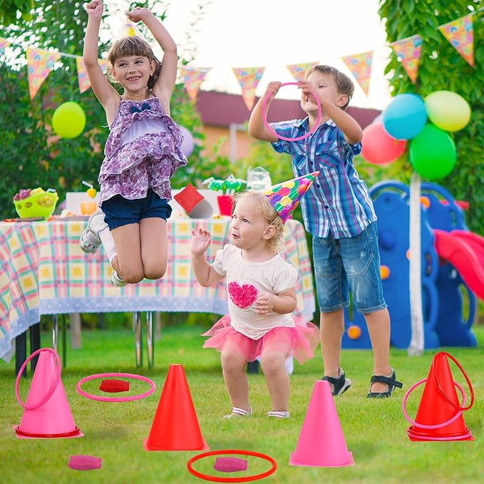 33pcs 4 in 1 Valentines Day Games for Kids with Ring Toss, Plastic Cones, Bean Bags, 3-Legged Race Bands, Carnival Valentine's Games Activity Combo Set for Kids Classroom Indoor Outdoor Party Yard