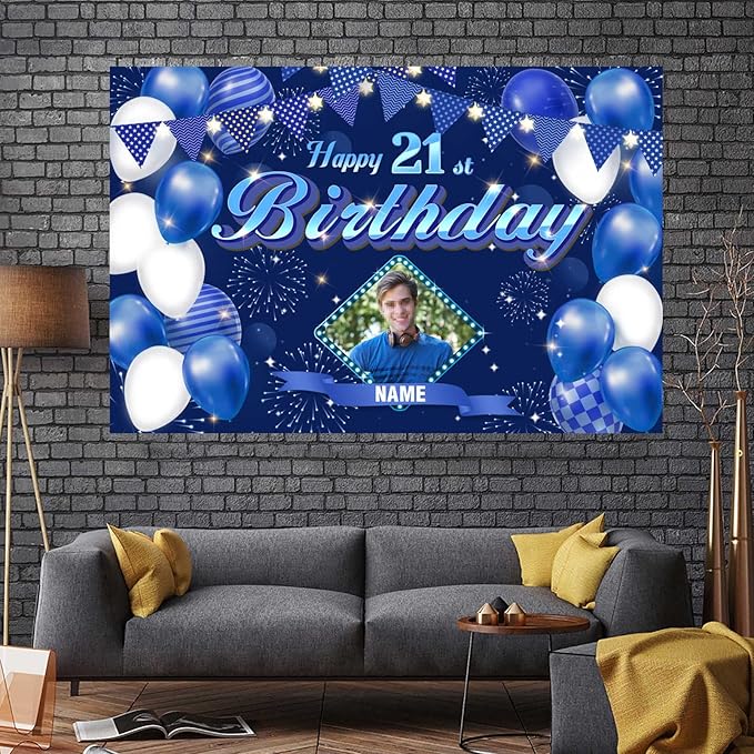 Custom Navy blue Theme 21st Birthday Decorations Banner - Personalized Fabric Banner for 21st Birthday Party Supplies