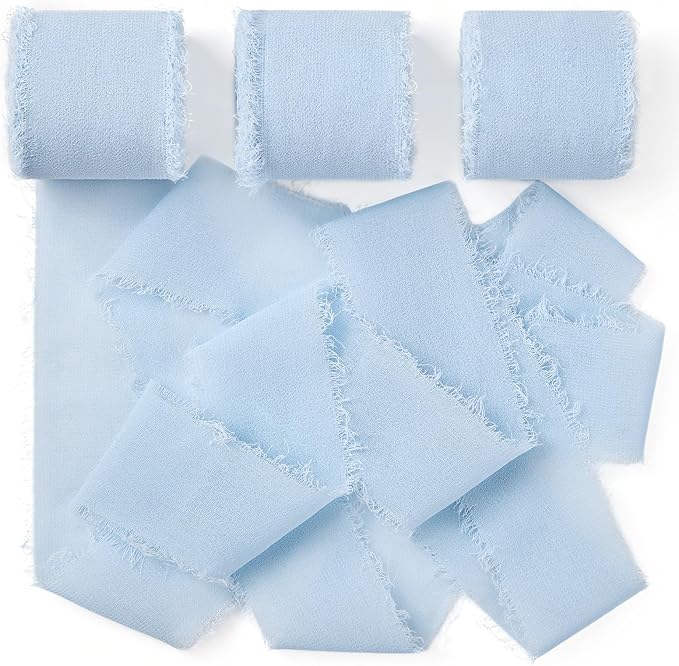 Light Blue Chiffon Ribbon 1.5" x 21 Yd Handmade Fringe Silk Chiffon Fabric Ribbon for Gift Wrapping Wedding Invitation Bridal Flower Bouquet DIY Crafts Home Decor