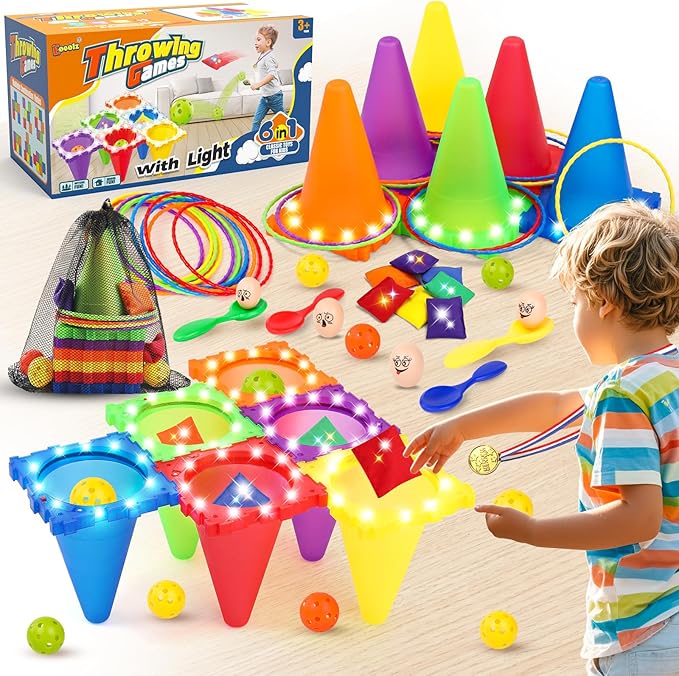 Eocolz 49PCS Carnival Games Outdoor Combo Set for Kids with LED Light, Plastic Cones Obstacle Course Bean Bags Balls Ring Toss Game Egg and Spoon Race Lawn Game, Gift for Birthday Party/Xmas/Easter