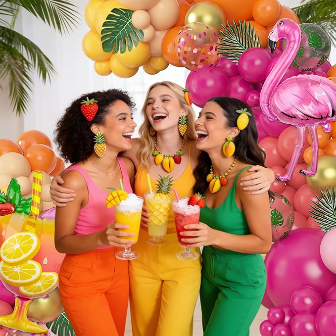 Amandir 165Pcs Tropical Balloon Arch Garland Kit, Sunset Hot Pink Orange Coral Red Yellow Metallic Gold Foil Wineglass Flamingo Balloons for Tropical Birthday Wedding Shower Summer Party Decorations