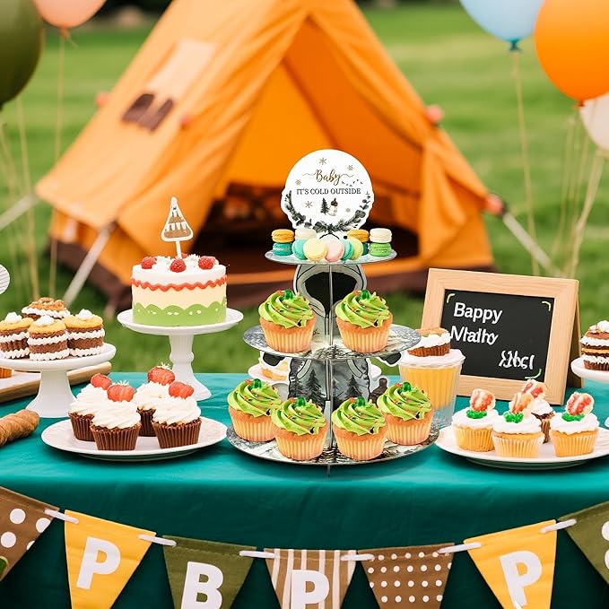 Adventure Baby Shower Cupcake Stand - 3 Tier Summer Camping Themed Cupcake Holder Baby It's Cold Outside Baby Shower Dessert Cake Tower Displays for Kids Birthday Gender Reveal Party Supplies