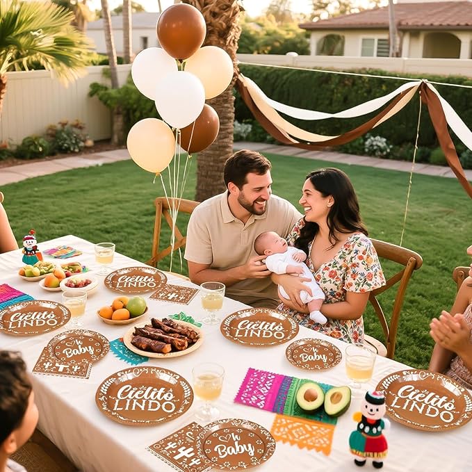 96Pcs Brown Cielito Lindo Party Decorations Mexican Fiesta Plates and Napkins Cielito Lindo Baby Shower Tableware Set for Cinco De Mayo Baby Shower Mexican Talavera Birthday Party Supplies, Serves 24
