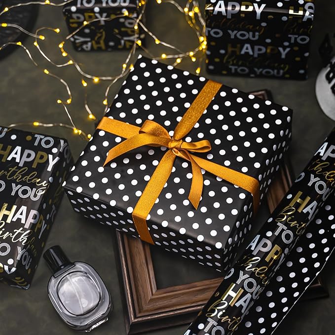 MAYPLUSS Reversible Black Birthday Wrapping Paper Roll - 17 Inch X 33 Feet - Glitter Happy Birthday Lettering Metallic Foil Paper Boy Gift Wrap w/Polka Dot for Party Father's Day Halloween's Day
