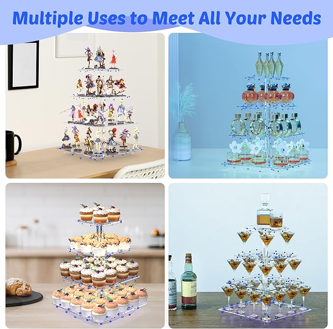 Cupcake Stand, 4 Tier Cupcake Holder, Light Up Cupcake Stand for 50 Cupcakes, Square Cupcake Tower, Dessert Table Display Set for Weddings, Christmas, Birthday Parties (Blue Light)