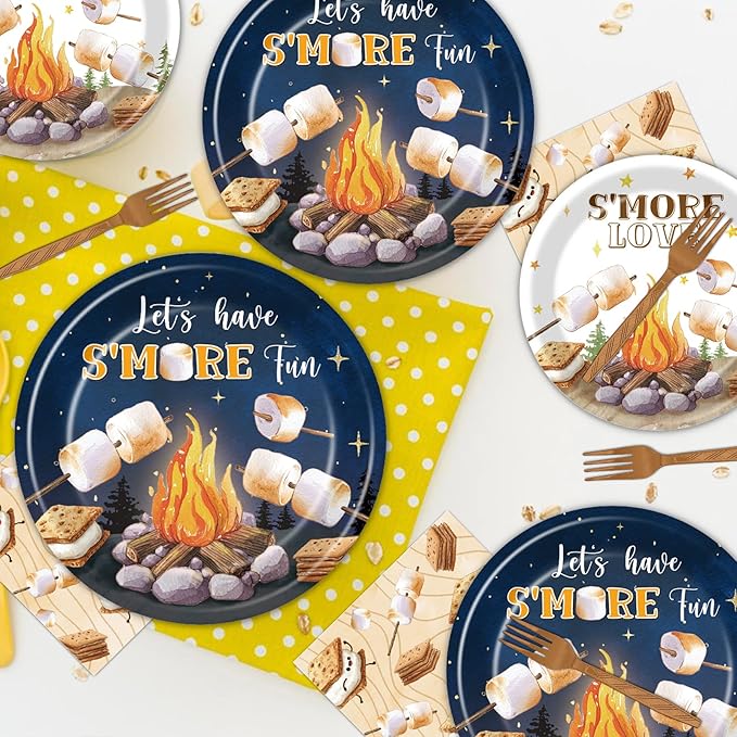 Smores Camping Birthday Party Decorations, 96PCS Camping Disposable Paper Plates and Napkin Tableware Decoration Let‘s Have S'more Fun Forks Decor Baby Shower Supplies, Serves 24