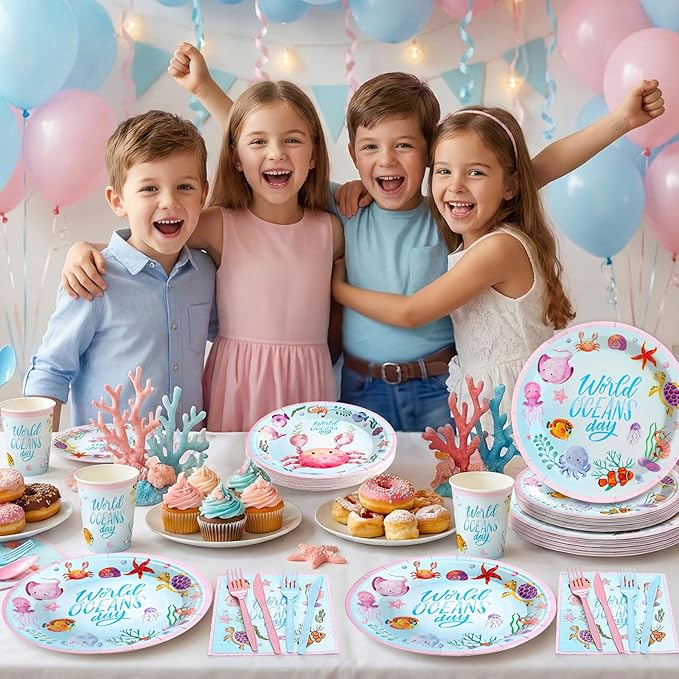 144Pcs Under the Sea Animal Birthday Party Supplies Decorations Paper Plates Napkins Vintage Party Tableware Disposable Pink Ocean Dinnerware Set for Kids Birthday Baby Shower Table Decor, Serve 24