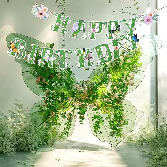 SUNBEAUTY Wildflower Happy Birthday Banner Green Spring Butterfly Flowers Party Banner Floral Birthday Decoration Spring Butterfly Birthday for Women Girl Baby Shower Garden Tea Fairy Party Supplies | Pre-Strung