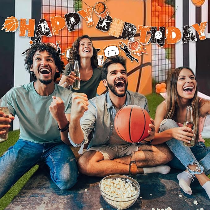 SUNBEAUTY Basketball Happy Birthday Banner Basket Ball Themed Party Decorations Sports Birthday Banner Basketball Party Supplies Slam Dunk Garland Birthday Sign for Kids Teenagers Boys Men