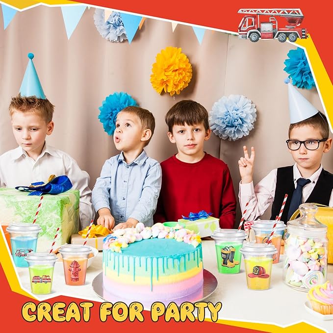 Qinyoung 60 Pcs Watercolor Fire Truck Party Cups with Lids and Paper Straws 14 oz Disposable Clear Plastic Cups for Firefighter Birthday Party Favor Supplies Decorations