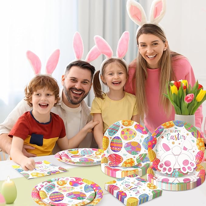 Happy Easter Plates and Napkins, 72PCS Colorful Easter Party Supplies, Bunny and Eggs Disposable Paper Plates, Spring Party Supplies, Rabbits Easter Party Decorations Serves 24