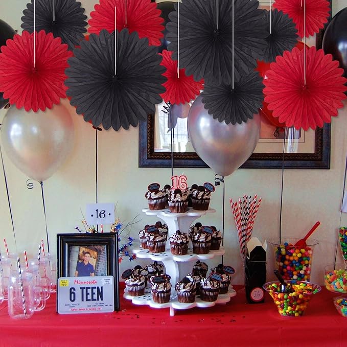 20 Pcs Black Red Hanging Paper Fan, Round Paper Fans Decorations Set for Weddings, Birthdays, Engagement, Bridal Shower, Bachelorette Party Supplies Decor