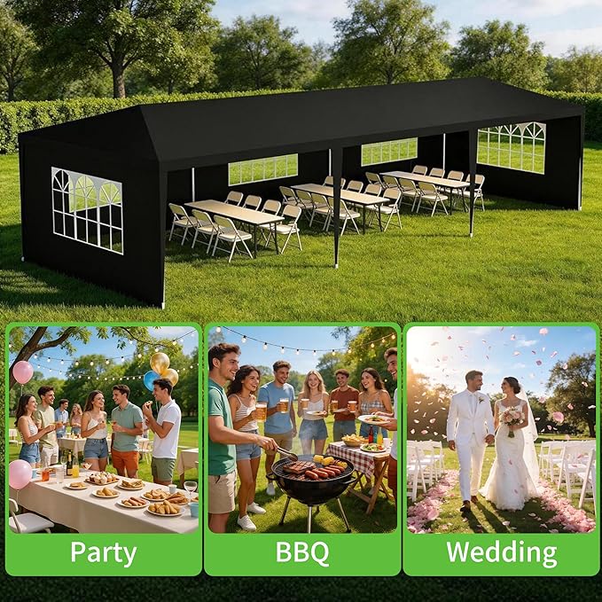 10' x 30' Outdoor Canopy Tents with 5 Detachable Sidewalls, Black Patio Gazebo Tents, Shade Shelters for Birthday, Events, Party, Wedding, Gatherings and Patio