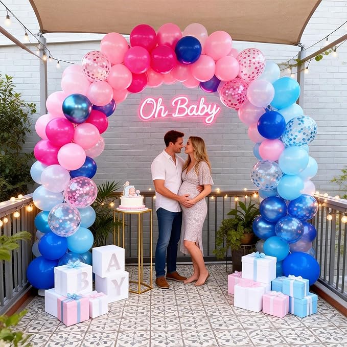Pink and Blue Pastel Balloons, 12 Inch Hot Light Pink Metallic Dark Light Blue Latex Helium Balloons with dusty Confetti Balloon for Kid Gender Reveal Birthday Baby Shower Wedding Party Decorations