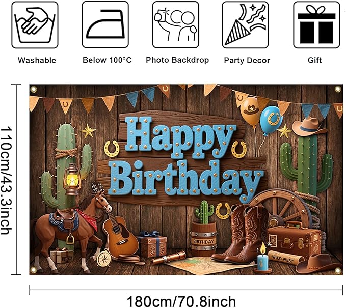 Mocsicka Western Cowboy Birthday Backdrop Wild West Happy Brithday Party Decorations Banner for Boys Western Themed Party Photography Bakground Supplies (Brown, 70.8x43.3 inch)