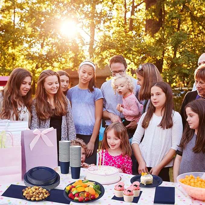 Tioncy 200 Pcs Navy Blue Disposable Paper Plates Cups and Napkins, Graduation Party Supplies Serve 50 Guests Disposable Paper Dinnerware Set for Birthday Wedding Baby Shower Family Picnic