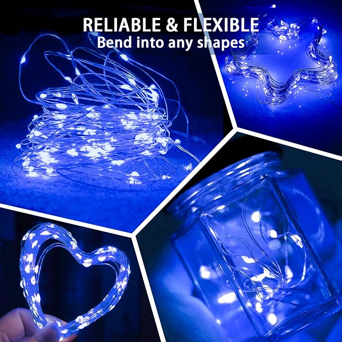 100 Pack Blue Fairy Lights 7Ft 20 LED Twinkle String Lights 3 Modes Battery Operated Waterproof Firefly Starry for Mason Jar Wedding Party 4th of July Christmas Day Table Centerpieces