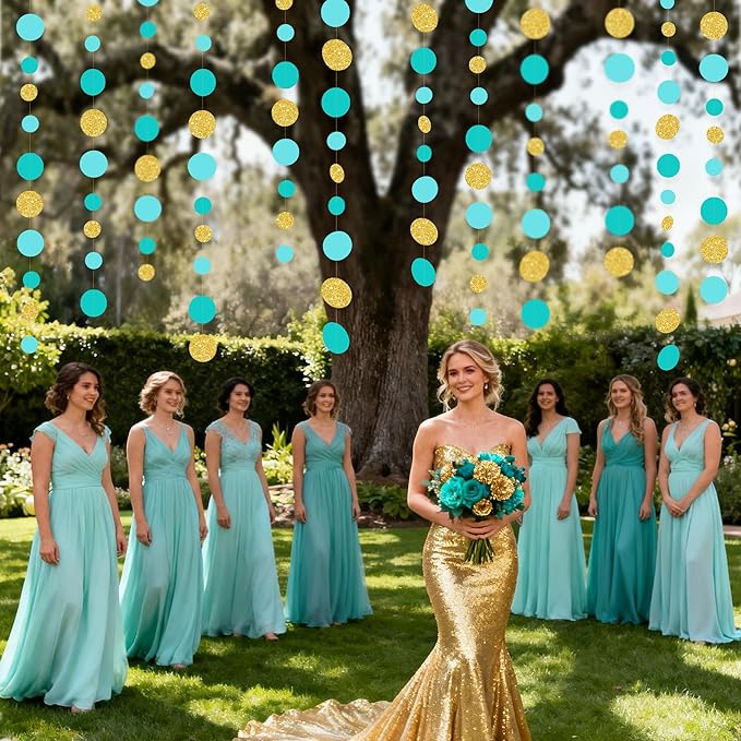 Teal Gold Party Polka Dot Garland Banner Aqua Turquoise Glitter Gold Hanging Paper Circle Dots Streamer for Birthday Baby Shower Wedding Engagement Bridal Shower Retirement Party Decorations Supplies