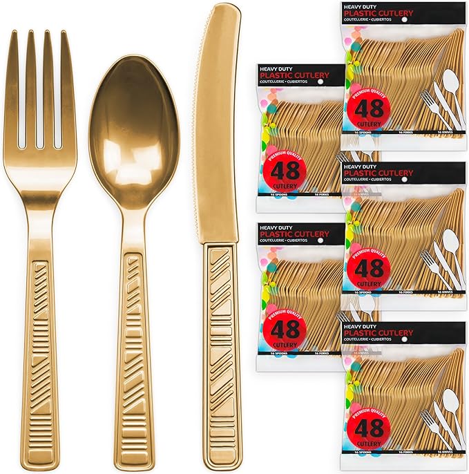 DecorRack Plastic Cutlery Set, Gold Colored Plastic Silverware Sets for Parties, 240 Piece Bulk Heavy Duty Utensils (Gold, 240 Pieces)