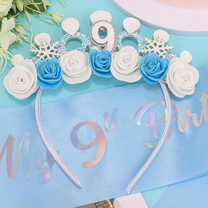CUBACO 9th Birthday Crown Headband and Sash, 9 Year Old Girl Birthday Gifts for Blue Princess Crown, Frozen Party Decorations Favors for Girls Outfit