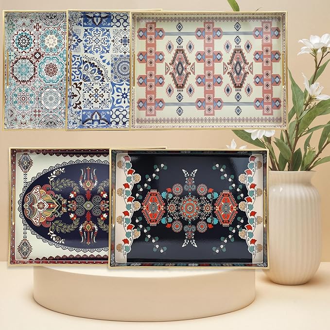 Spsyrine Decorative Serving Tray with Handles, Lacquered Coffee Table Tray for Ottoman, Rectangular Waterproof Platters for Centerpieces, Parties, Living Room, Kitchen Counter Organization SP3040RE2