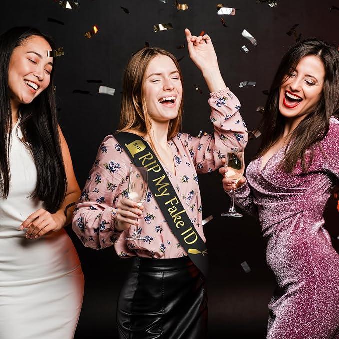21st Birthday Sash for Men and Women, Funny RIP My Fake ID Birthday Sash, Finally 21 Bday Sashes, Ideal Twenty One Sashes Party Favors Supplies and Decorations for Your 21 Bday Party(Black,Gold)