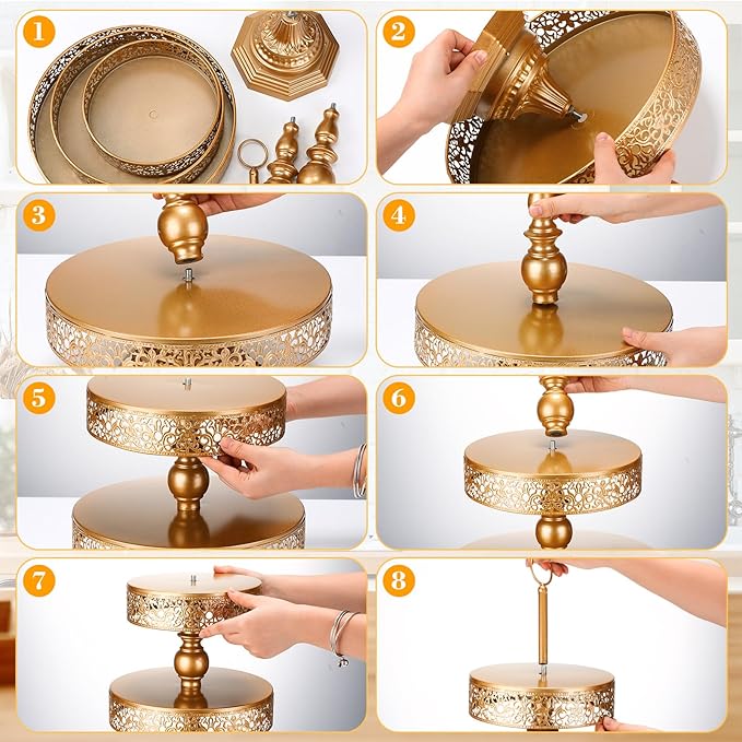 Dandat 2 Pcs Cupcake 3 Tiered Metal Dessert Stand Round Cupcake Tower Cake Holder Stand Tiered Serving Tray for Wedding Baby Shower Birthday Tea Party Table Decor(Gold)