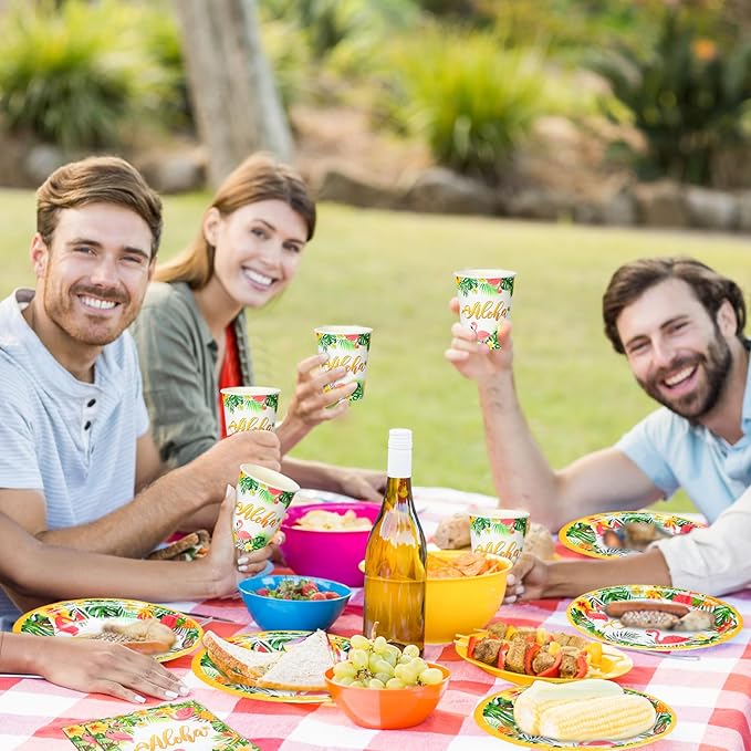 Jingmore 200 Pcs Tropical Hawaii Aloha Party Supplies Serve 50 Guests Luau Paper Plates Cups Napkins for Summer Beach Tableware Pool Party