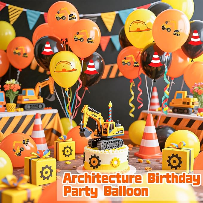 18Pcs Construction Balloons 12 Inch Black Yellow Orange Latex Engineering Vehicle Balloons for Construction Themed Birthday Truck Birthday Party Supplies