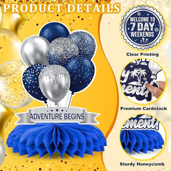 9 Pcs Retirement Party Decorations Honeycomb Centerpieces, Blue Silver Happy Retirement Table Decorations, Funny Officially Retired Table Toppers for Men Women Party Supplies