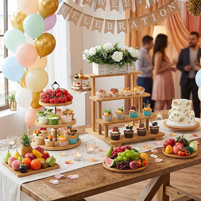 Roowest Wood Cake Stands Set of 6 Wood Dessert Tower Trays Stand Cupcake Stand Rustic 3 Tier Farmhouse Cupcake Serving Stands with Dessert Trays for Tea Party (Bamboo)