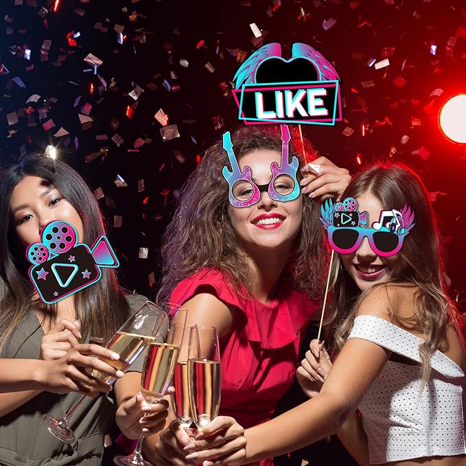 24 Piece Music Photo Booth Props, Disco Musical Theme Short Video Party Supplies,Music in My Era Party with Stick Props Kit Happy Birthday Table Toppers Sign Decorations
