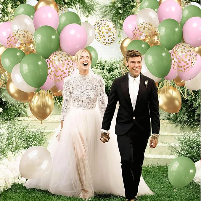 Pink and Green Balloons,12in Olive Sage Green Pastel Pink Sand White Metallic Gold Balloons Gold Confetti Balloons with Gold Ribbon for Wedding Bridal Shower Birthday Floral Party Safari Decorations.