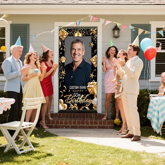 Dicodes Personalized Happy Birthday Door Banner Custom Photo Birthday Photography Background Decorations Party Supplies for Women Men (Black and Gold)