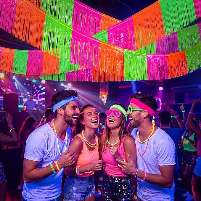 Mindsoft 4 Pack Glow in the Dark Party Supplies Foil Fringe Garland 9.8 Ft. Metallic Tinsel Banner Fluorescent Rose Red Orange Yellow Streamers for Birthday Party Decor Photo Booth Prop Table Skirt