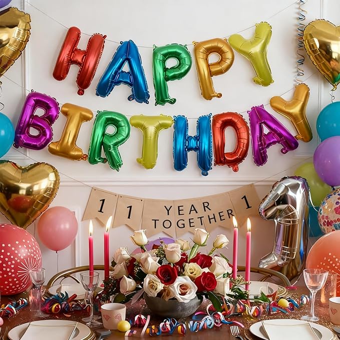 Rainbow Happy Birthday Letters Balloon Banner Kit,Usable Mylar Decorations for All Genders - Men/Women Party Supplies, Vibrant Happy Birthday Sign