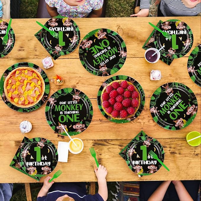 96Pcs Wild One Birthday Decorations Monkey One Years Old Plates and Napkins Safari Jungle 1st Tableware Set for Boys First 1st Safari Wild Jungle Animal Birthday Baby Shower Party Supplies Serves 24