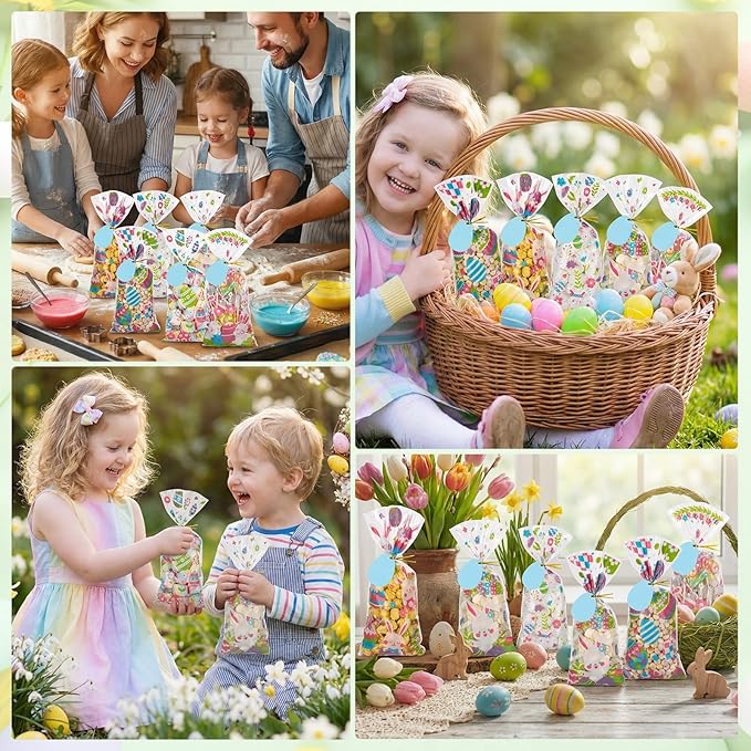 woric 100PCS Easter Cellophane Treat Bags with Gift Tags Easter Bunny Candy Bags Clear Egg Goodie Bag with 100 Twist Ties for Spring Party Favor Supplies