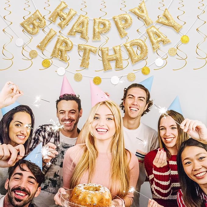 Pre-strung Gold Glitter Happy Birthday Banner Garland, Reusable Birthday Party Decorations, No DIY Gold Birthday Party Banner Sign Decor for Women Men Boys Girls Party Backdrop Party Supplies