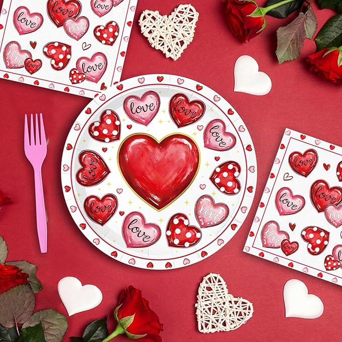 96 Pieces Valentine’s Day Tableware Set – Pink Red White Disposable Plates, Napkins, and Forks with Heart Designs for Valentine’s Parties, Weddings, and Romantic Celebrations – Serves 24 Guests