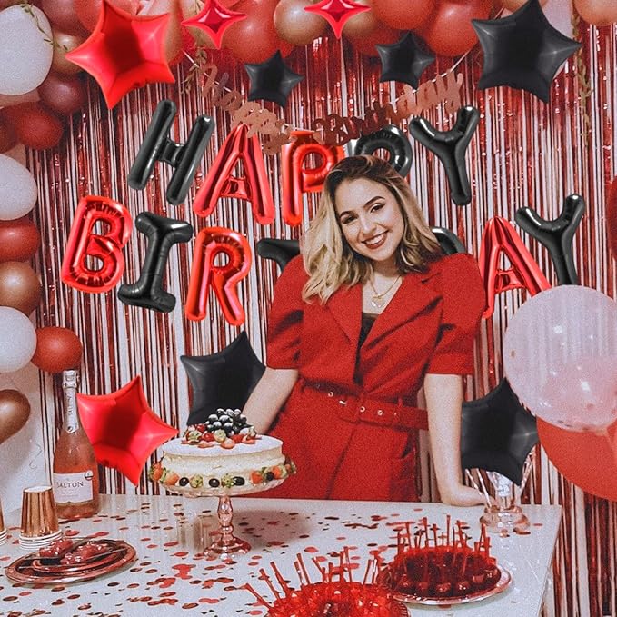 CANREVEL Happy Birthday Banner 13pcs 16 Inch Mylar Foil Letters Sign Balloons Birthday Party Decorations for Kids and Adults - 3D Black Red