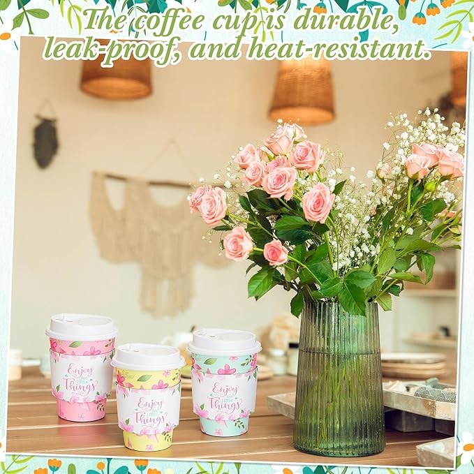 LemonRoad 48 Sets 12 oz Floral Paper Disposable Coffee Cups with Lid, Sleeves, 4 Color Spring Cute Flower Designs Cups Party Supplies for Tea Hot Drink Cold Beverage Cocoa(Colorful Flower)