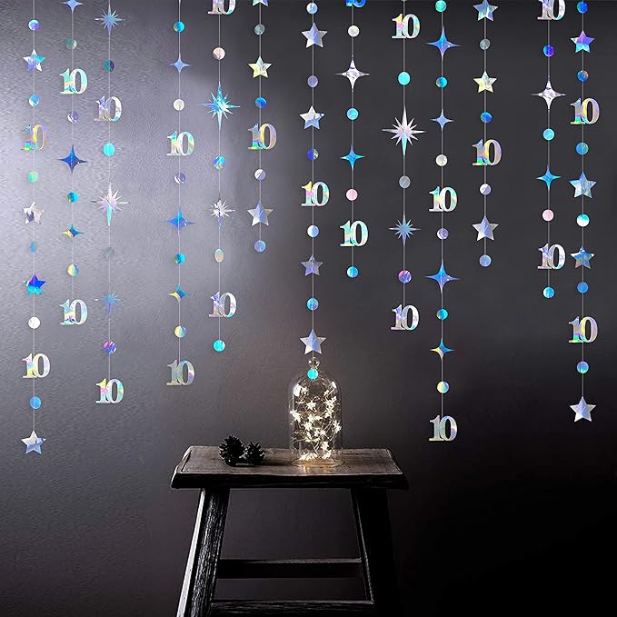 Iridescent 10th Birthday Decorations Number 10 Circle Dot Twinkle Star Garland Metallic Hanging Streamer Bunting Banner Backdrop for Girls Boys Ten Year Old Birthday 10th Anniversary Party Supplies