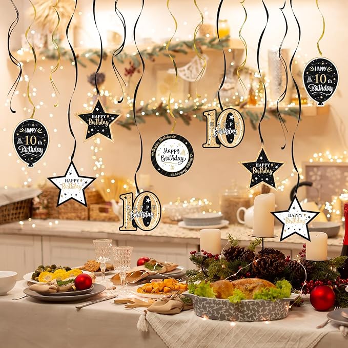 Happy 10th Birthday Black & Gold Glitter Swirls Streamers Party Decorations - 15 Pcs 10th Birthday Hanging Swirls Streamers Kit,Cheers to Ten Years Old Bday Party Sign.