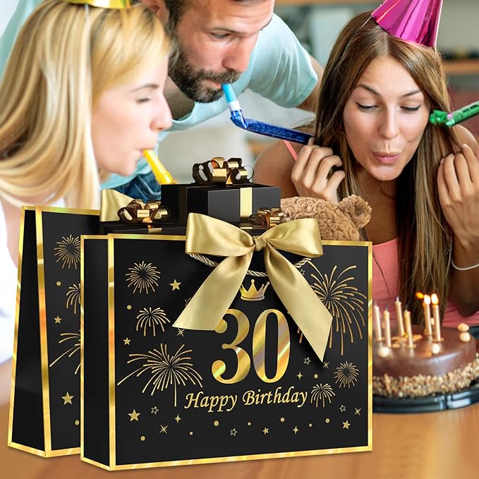 JMANNI Black Gold 30th Birthday Gift Bag with Card and Tissue Paper, 12.6"×9.84"×3.9" Elegant Present Bag for Adults, 30 Year Old Birthday Keepsake Party Supplies