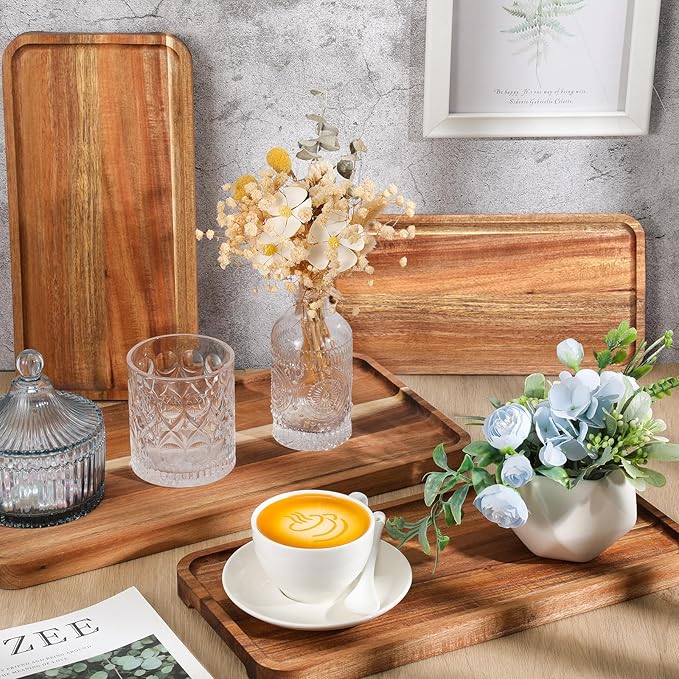Leinuosen 4 Set Acacia Wooden Serving Platter Solid Wood Serving Trays Rectangular Charcuterie Boards Steak Wooden Plates for Entertaining Party Display Cheese Appetizer (10x5/12x6/14x7/16x8 in)